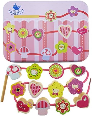 Jumbo Lacing &amp; Stringing Wooden Beads Sea pink girls with String Packaged with Metal Box | Montessori Toddler Preschool Fine Motor Skills Toys for Occupational Therapy and Autism OT