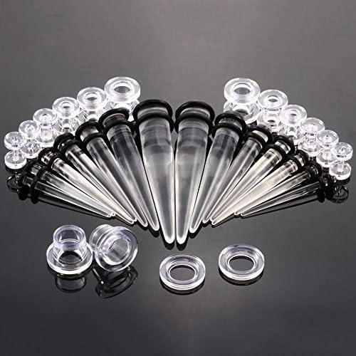 28 PCS Stretching Kit Acrylic Tapers and Tunnels Plugs 7 Different Size Four Colors Options Ear Gauge Expanders Set (Transparent)