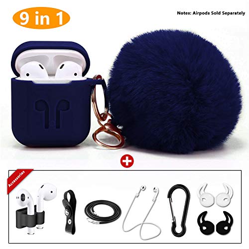 Compatible Airpods 1 & AirPods 2 , Drop-Proof Silicone Airpods Protective Case Cover with Cute Faux Fur Ball Keychian, 9 In1 Airpods Accessories Kits for Airpods 1 & 2  (F-Burgundy)