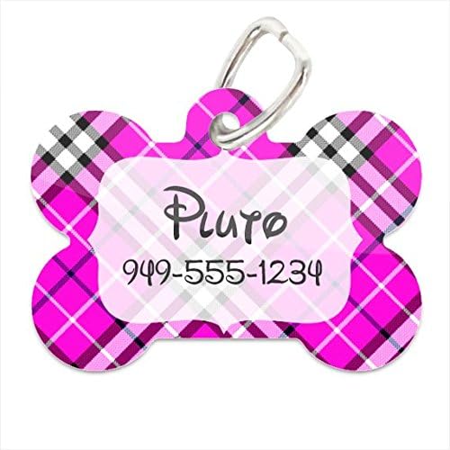 Custom Disney Themed Font Pink Plaid Pet ID Tag with Personalized Name &amp; Phone Number for Dogs &amp; Cats