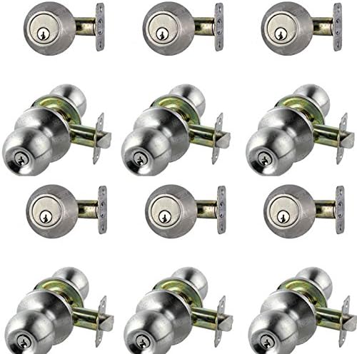 6 Sets of Keyed Same Door Knob and Double Cylinder Deadbolt, Satin Stainless Steel