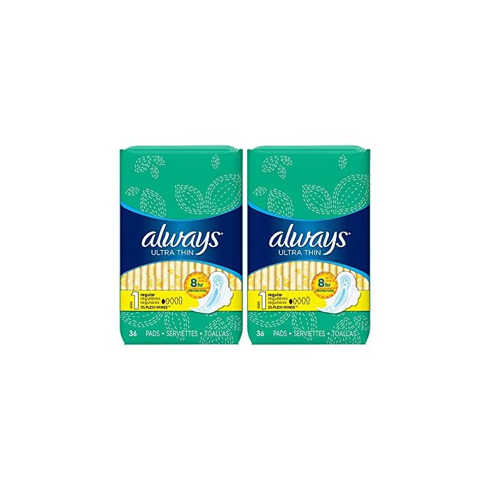 Always Ultra Thin Feminine Pads For Women, Size 1 Regular Absorbency, Multipack, With Wings, Unscented, 36 Count x 2…
