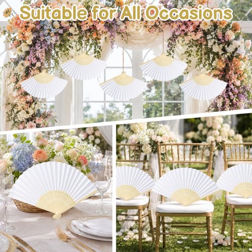 Coicok 12 x Wedding Fans, White Folding Wooden Paper Fans, Customisable Pack with 12 Organza Gift Bags, Japanese Fan for Wedding, Guest, Dance Party Decoration