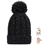 Paragon Winter Warm Knit Skull Hat Beanie Cap Fleece Lining Thick Slouchy Cable with pom