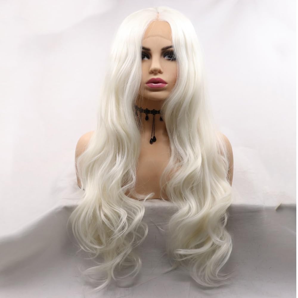 xiweiya Platinum White Lace Front Wig 1001# White Platinum Long Wavy 13x3 Lace Wigs Natural Hairline Heat Resistant Fiber Platinum Blonde Wig Glueless Halloween Wigs 24inch — image 1