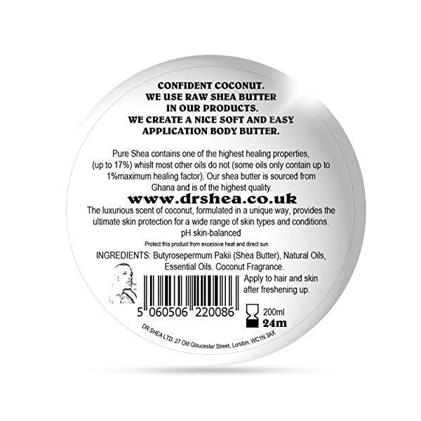 Dr-Shea-Body-Butter-Confident-Coconut-Moisturizing-Body-Cream-Nourishing-Skin-Care-Cream-Organic-Lip-Balm-Ideal-for-Dry-Skin-Anti-Aging-Natural-UV-Filter-Hair-Eczema-More-200-ml Coconut Body Butter - Dr Shea - 200ml