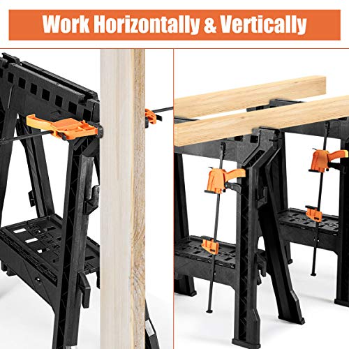 Goplus Clamping Sawhorse Pair with Bar Clamps, 2 PCS Folding Saw Horses