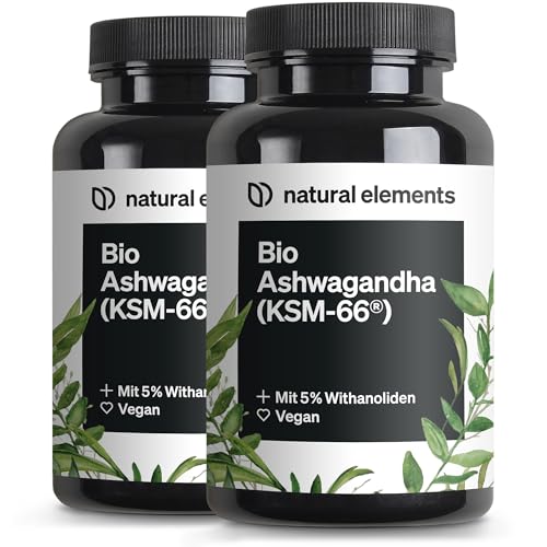 natural elements Bio-Ashwagandha (2er Set) – KSM-66® Premiumrohstoff (2x 180 Kapseln mit überdurchschnittlicher Reichweite) – 5% Withanolid-Gehalt – l