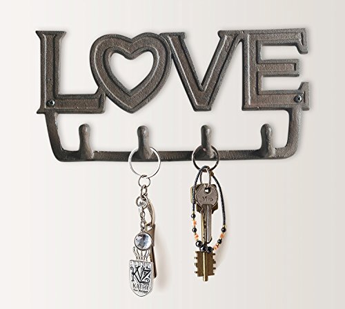 “LOVE” Antique Key Holder by Comfify | Wall Mount Cast Iron Key Holder w/ 4 Key Hooks, in Rustic Style | Includes Screws and Anchors | in Rust Brown | (Love Key Holder CA-1507-02)