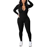 Wcuvbv Women's Ribbed Bodycon Jumpsuit Long Sleeve Zip Up Front Romper Slim Fit One Piece with Pants