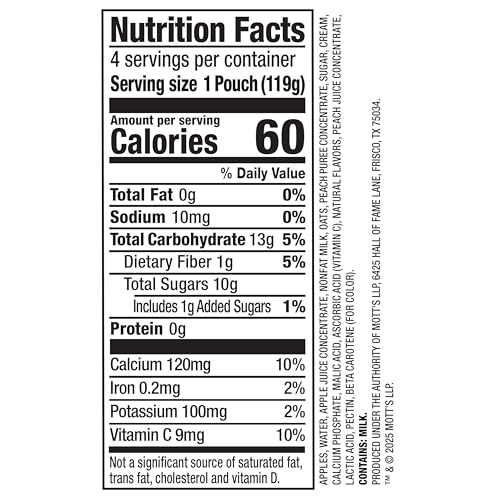 MOTT’S FRUIT SMOOTHIES VANILLA PEACH, 4.2 OZ CLEAR POUCHES, 4 PACK, MADE WITH MILK, MADE WITH REAL FRUIT, GOOD SOURCE OF CALCIUM, ON-THE-GO