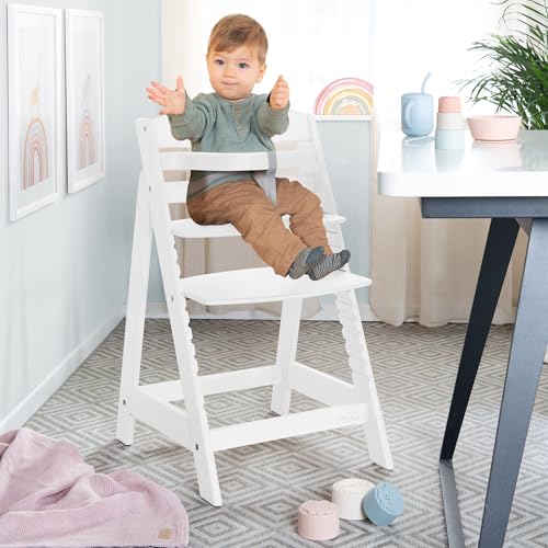 roba Sit Up III Baby High Chair with Removable Footrest and Safety Straps – Adjustable Height – White Wood