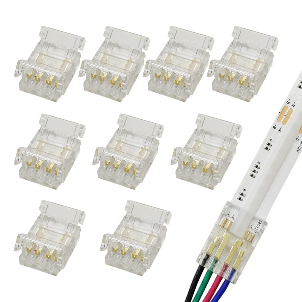 Masterwon 10mm 4-Pin RGB COB LED Strip to Wire Connectors - Transparent Solderless Clamp for TV Backlight Gaming Setup - DIY Extension Kit for 12V 24V Colour Tape 22 AWG, 10 Pack