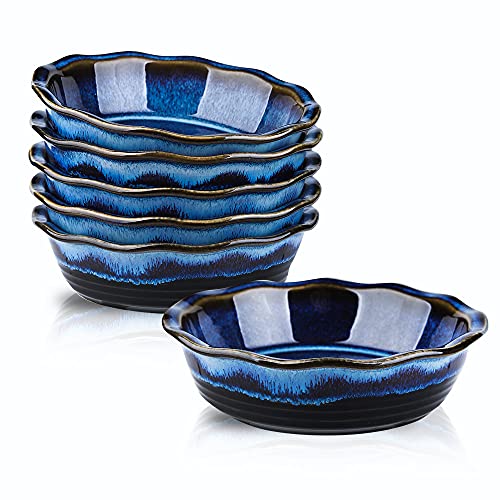 KOOV Ceramic Pie Dish, 6.5 Inches Pie Pan, Pot Pie Pans for Baking, Pie Plate for Dessert Kitchen, Round Baking Dish Pan for Dinner, Wave Series, Set of 6 (Nebula Blue)