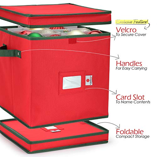 StorageMaid Christmas Ornament Storage Box - Festive Sturdy Xmas Organizer Container for Safe, Secure Storage - Christmas Decoration Box Equipped with a Velcro Cover & Card Slot - 12 x 12 x 12 in - Thumbnail 3