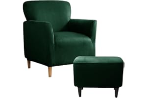 UNBBRRL Armchair and Ottoman Covers Set, Matching Accent Chair and Ottoman Slipcovers Rectangle Stretch Velvet Non-Slip for Living Room (Dark Green, Armchair+Ottoman Rectangle)
