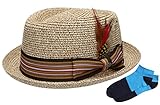 Men's Premium Straw Porkpie Fedora Hat with Summer Low Cut Sock(F1860-NATURAL,SM)