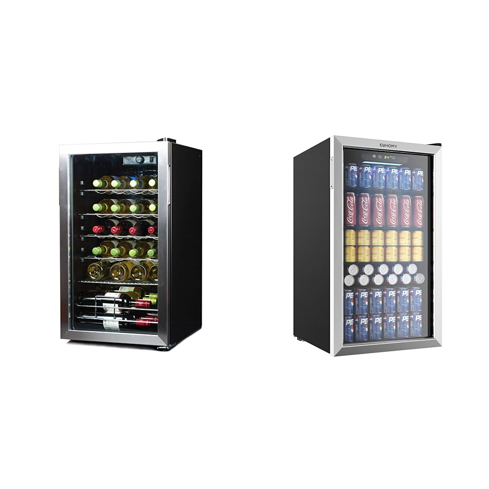 BLACK+DECKER Wine Cooler Refrigerator, 26 Bottle Compressor Cooling Wine Fridge & EUHOMY Beverage Refrigerator and Cooler, 126 Can Mini fridge with Glass Door