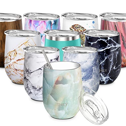 THILY Stemless Wine Tumbler Vacuum Insulated 350 ml Triple-Insulated Stainless Steel Wine Glass with Lid, Straw, Keep Cold for Coffee, Cocktails, Opal Marble — image 1