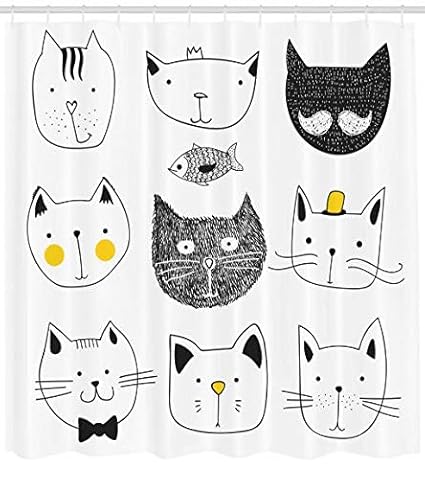 Abakuhaus Gatto Tenda Da Doccia Stilizzato Gatti Con I Baffi Papillon Cappello Corona Morbido E Pesce Umorismo Stampa Personalızzato 175 X 180 Cm