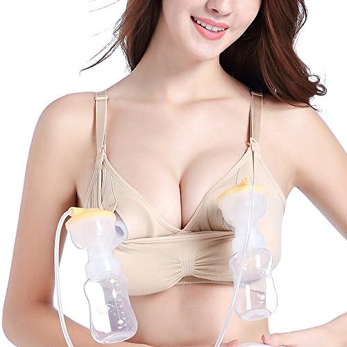 Mfreely Hands Free Nursing Bra for Breastfeeding Breastpump Pumping Maternity bra (Beige(1pcs/pack), Large)