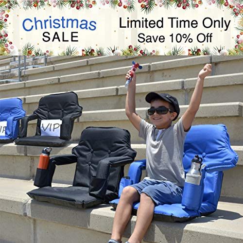 Foldable Stadium Seat for Bleachers - Deluxe Model High Backrest + Free Carry/Storage Bag- Water Resistant + Thick Padding +2 Drink Holders +Zipped Pocket (Blue, Standard)
