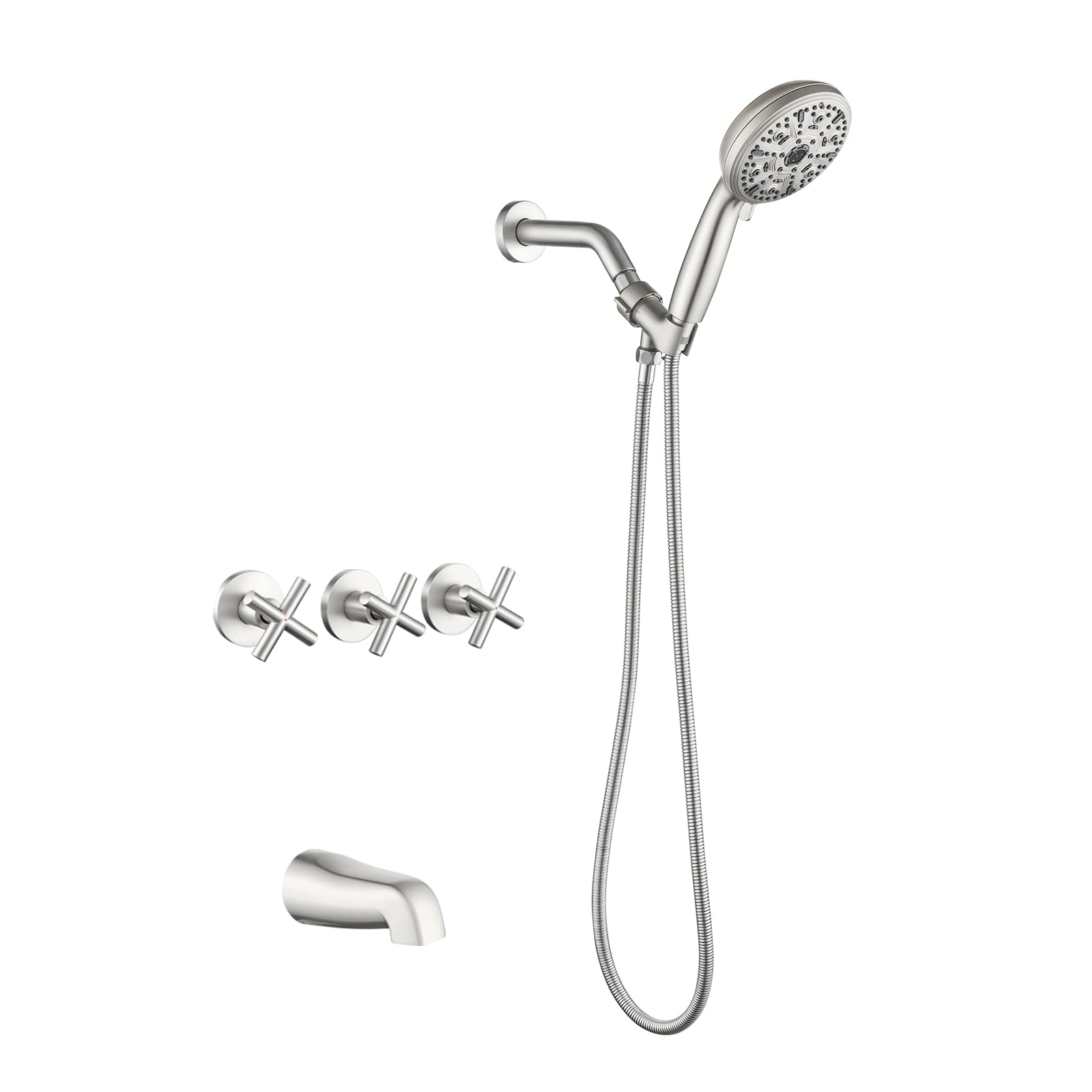 Photo 1 of 3 Handles Tub Shower Faucet Set with 10 Spray Handheld Shower 4.7 Inch Shower Handheld Shower Tub Kit Wall Mounted Shower System with Tub Spout Brushed Nickel Shower Fixtures Tub and Shower Trim Kit