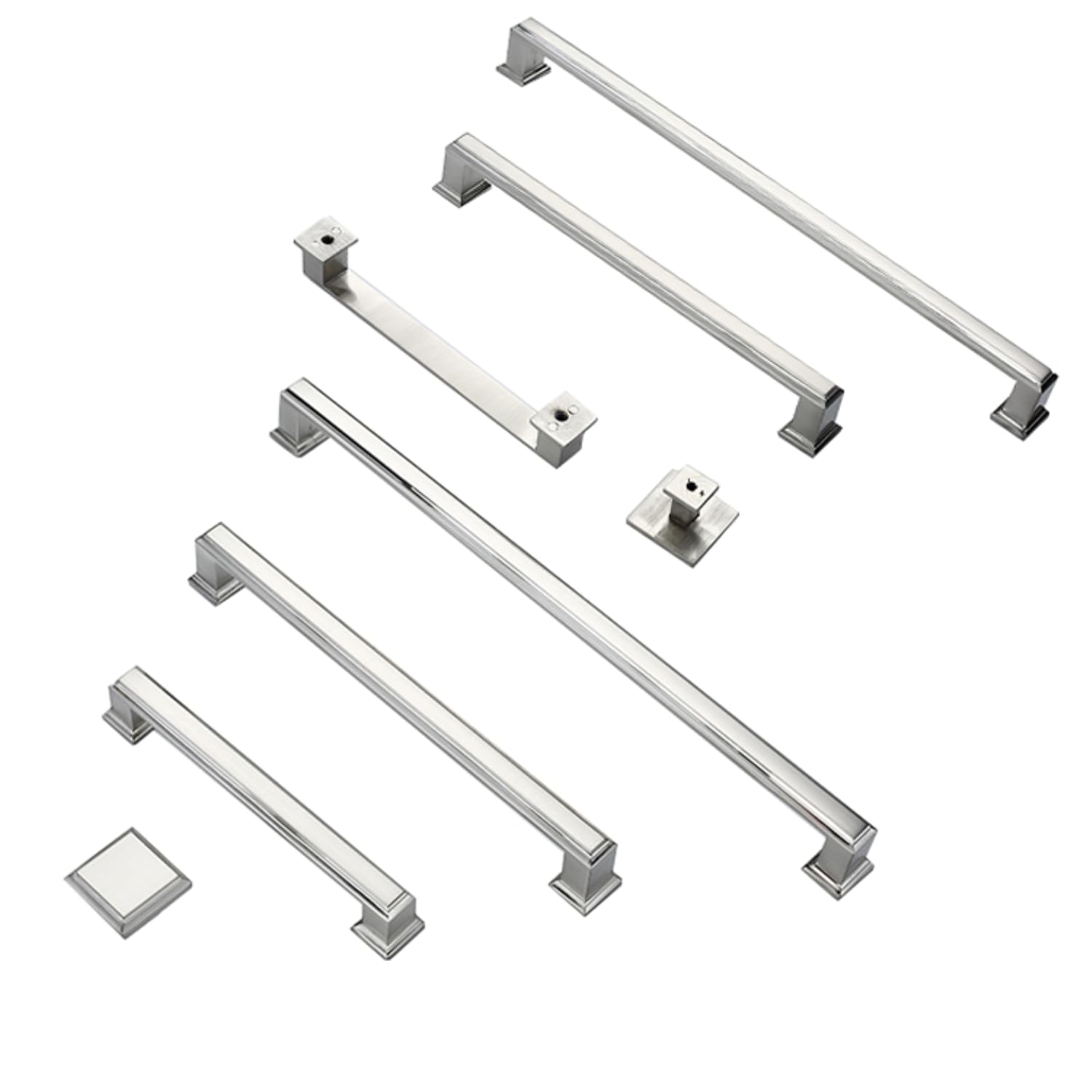 French Furniture Fittings Set of 6 Art Deco Style Handles or knobs, Boss Bar Square. Polished Chrome for Kitchen Cabinet Doors and Drawers by FFF
