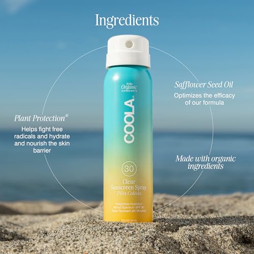 COOLA ORGANIC SUNSCREEN SPF 30 SUNBLOCK SPRAY, DERMATOLOGIST TESTED SKIN CARE FOR DAILY PROTECTION, VEGAN AND GLUTEN FREE, PIÑA COLADA, TRAVEL SIZE, 2 FL OZ