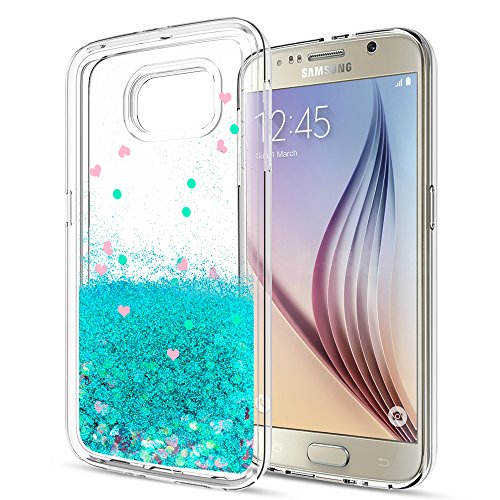 S6 Case,Galaxy S6 Case with HD Screen Protector for Girls Women,LeYi Cute Bling Shiny Glitter Moving Quicksand Liquid Clear TPU Protective Phone Cover Case for Samsung Galaxy S6 ZX Turquoise