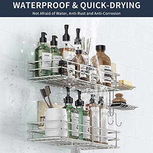 Shower Caddy Bathroom Organizer Shelf 3PCS with Soap Holder, Adhesive Shower Shelf, Caddy Basket Shelves with Hooks, Rustproof 304 Stainless Steel Shower Organizers and Storage Rack for Kitchen
