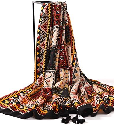 Bohemian Scarves, Faurn Blanket Scarf Wrap Shawl Light Cozy Floral Paisley Printed With Fringes Black Edge