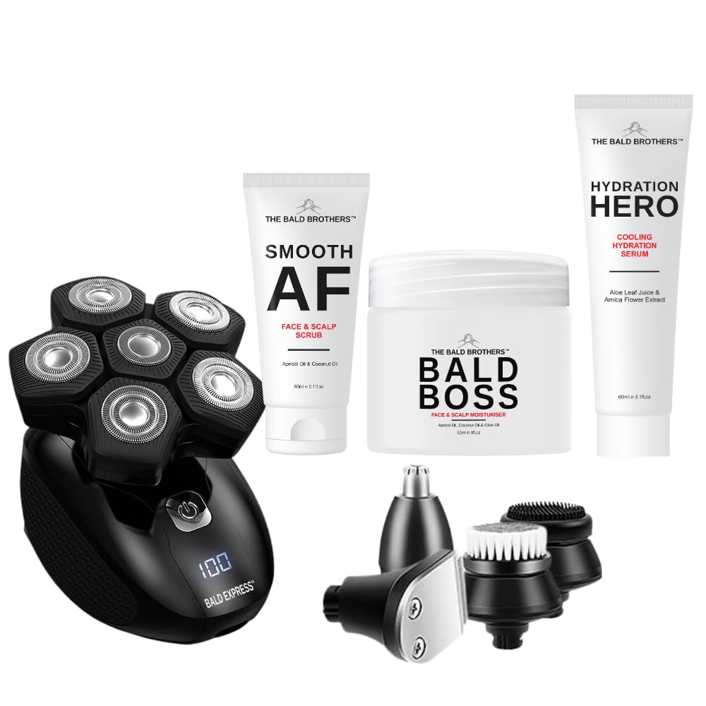 The Bald Brothers Clean Cut Bundle Grooming Kit for Bald Men - Includes Bald Express Head Shaver, Bald Boss Moisturiser, SAF Exfoliate & Hydration Serum