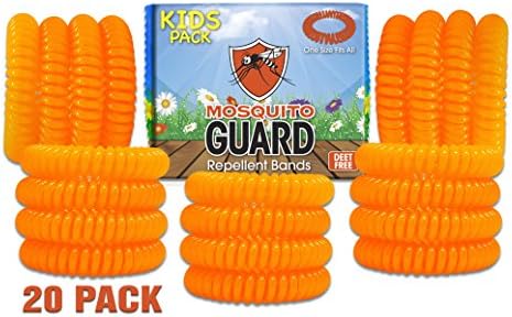 Mosquito Guard KIDS Repellent Bracelets / Bug Bands ( 20 Individually Packaged ) 100% All Natural, Geraniol, Citronella, Lemongrass Oil, DEET FREE. Bug and Insect Repellent