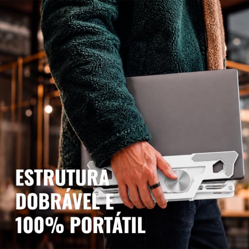 Suporte para Notebook e Laptop de até 17" MTS, Tablets e Celulares, Aço Carbono, Ajustável, Dobrável, Base Giratória 360° e Aberto para Ventilação, Suporta até 10kgs, Ergonômico Portátil (Branco)