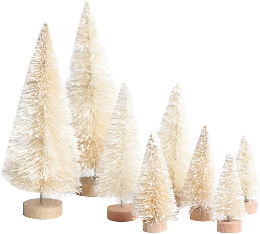 Trees - 8 Pcs Artificial Mini Christmas Trees, Miniature Pine Trees Sisal Trees with Wood Base Tabletop Christmas Tree for Christmas Xmas Holiday New Year (White, 8 pcs)