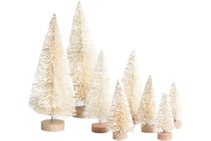 JLONG 8PCS Artificial Mini Christmas Trees, Fake Bottle Brush Small Pine Snow Frosted Trees with Wood Base Tabletop Ornaments Winter Crafts for Xmas Holiday Party Home Decor