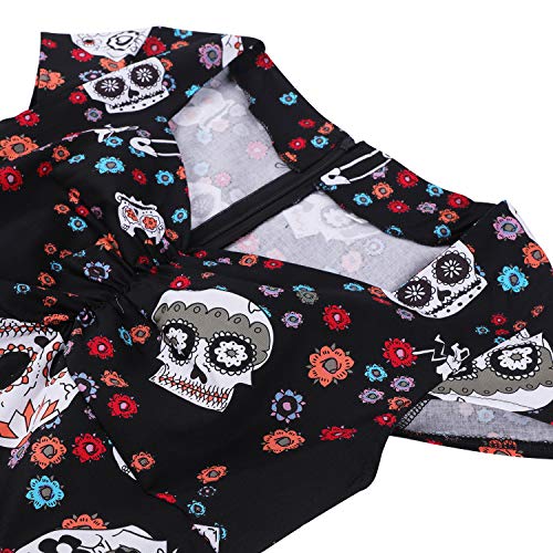 oten Women\'s Christmas Polka Dot Sugar Skull Vintage Swing Retro Rockabilly Cocktail Party Dress Cap Sleeve Black