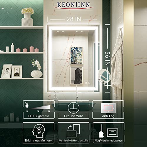 Keonjinn LED Mirror, Adjustable 3000K/4500K/6000K Lights, 36 x 28 Inch