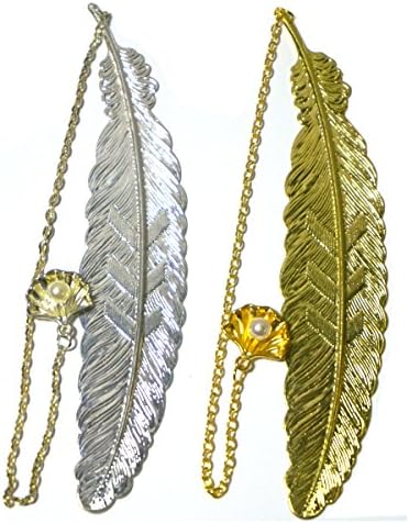 2 Pcs Metal Feather Bookmark with Shell and pearl -Book lover birthday gift - Bookish gifts - Cute bookmark gift(Silver and Gold)