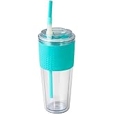 Copco Lock-n-Roll Double Wall Tritian Spill-Proof Tumbler with Soft Grip Sleeve and Patented Flip Up Straw, 20-Ounce, Teal