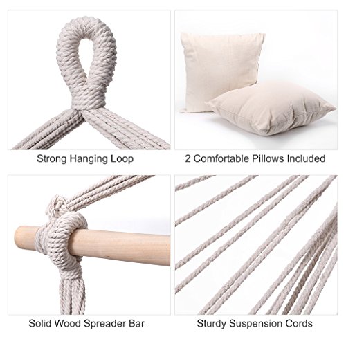 Finether Padded Hammock Hanging Chair Swing with Pillow Set for Indoor Outdoor Use, 265 lbs Weight Capacity, Beige