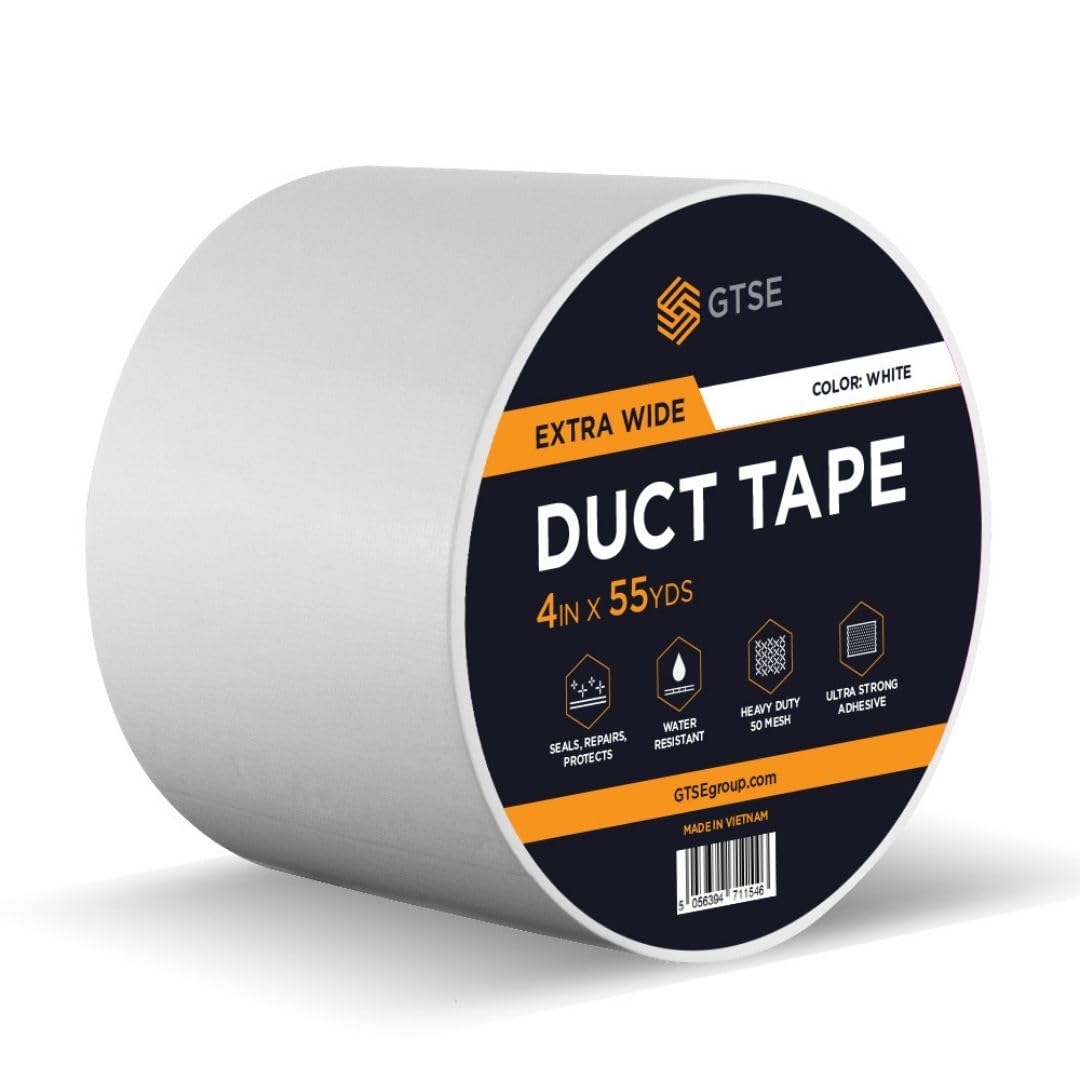 GTSE Wide White Duct Tape, 100mm x 50m, 4” Waterproof Strong Adhesive Gaffer Tape for Patching, Sealing, Securing Cables and Labelling, Heavy Duty Tape, One Roll