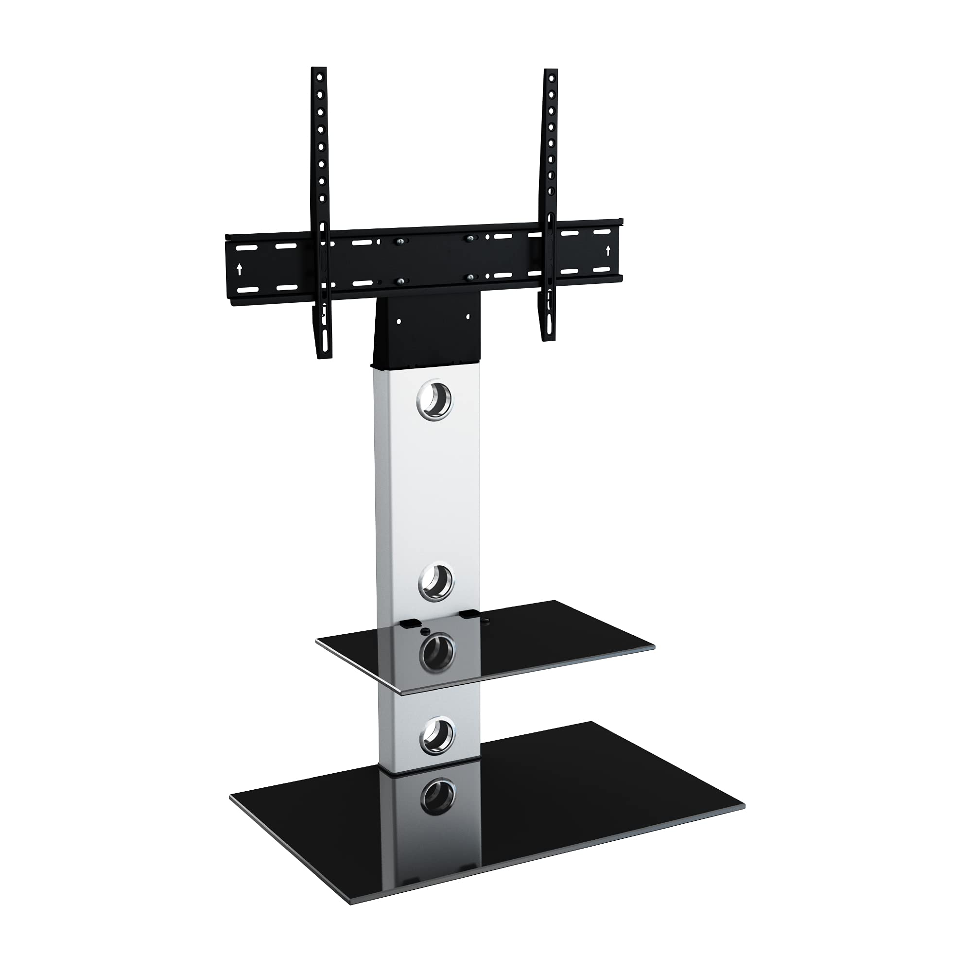 MAHARA Universal Column TV Stand - for 32 to 65 inch TVs-Freestanding silver tall floor stand with black glass shelves and cable management-Height adjustable and suitable for corners-Max Weight 40kg