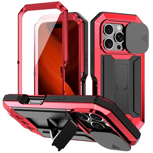 qichenlu Coque de protection anti-choc en métal et silicone à 360 ° - Compatible avec iPhone 15 Pro - Support de protection pour appareil photo coulissant - Norme militaire 810G - Anti-chute - Rouge