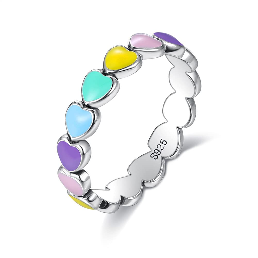 925 Sterling Silver Heart-shaped Rainbow Color Ring for Women Fashion Dripping Oil Ring Young Girls Favorite Gift (M)