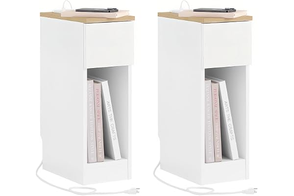 SoBuy Slim Bedside Table with Charging Socket, Narrow Side Table with Standard Socket, USB Port and Type-C Port for Bedroom a