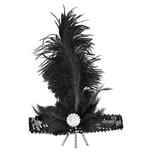 Glamorous 20's Old Hollywood Themed Party Black Charlston Feather Headband Accessories, Fabric, 10"