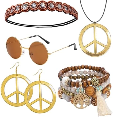 Women Hippie Costume Set 70s Boho Accessories Peace Sign Necklace Sunglasses Amazon.com: WILLBOND 4 Pcs 70s Accessories Women 60s Hippie  main image 4