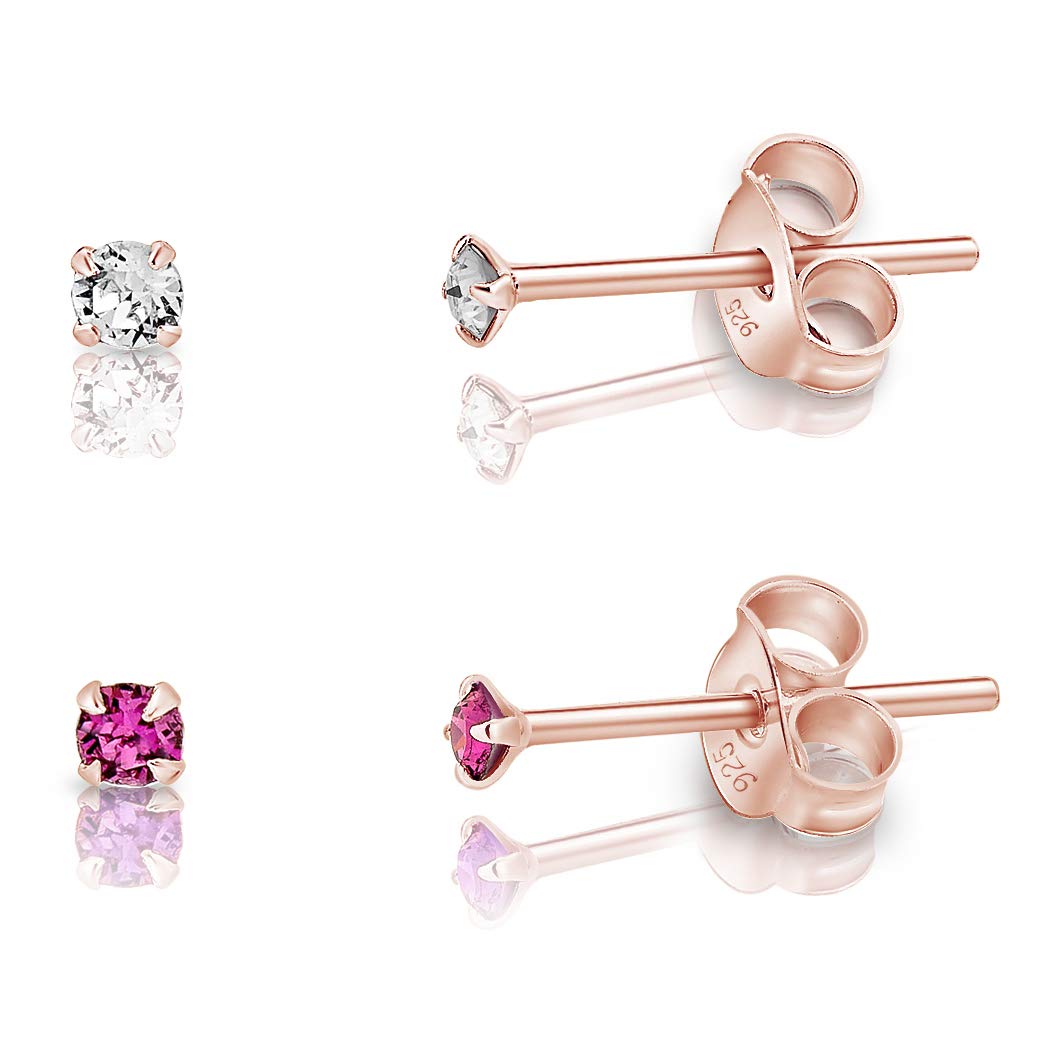 DTPSilver - Set of 2 PAIRS of 925 Sterling Silver Rose Gold plated Round TINY Stud Earrings made with Glittering Crystals from Swarovski® Elements - Diameter: 2 mm - Colour : Purple Amethyst